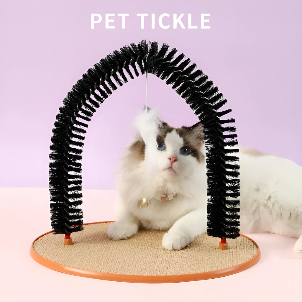 Black arch-shaped cat grooming brush with scratching surface and attached plush mouse toy on non-slip base
