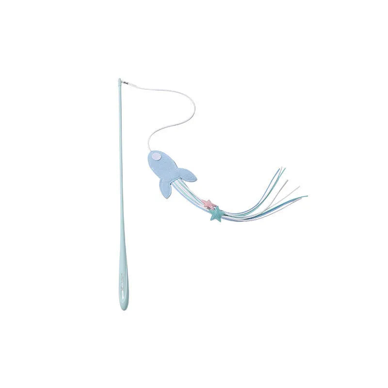 Long pole cat teaser toy with feather attachment and bite-resistant construction in blue colour