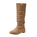 Women's black flat slip-on ankle boots with round toe and high cylinder shaft