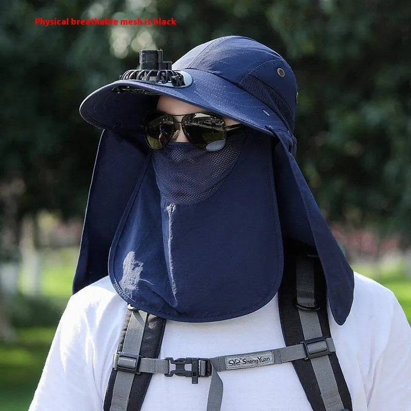 Men's sun protection hat with USB fan and face covering shawl in khaki colour for outdoor activities