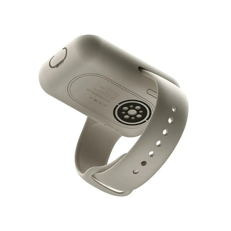 Apple Watch portable wireless charging case power bank in brown, blue, or starlight.