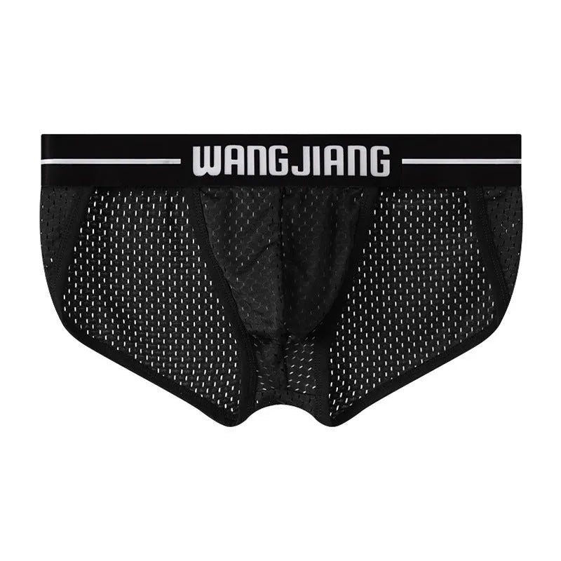 Men's triangular underwear in mesh ice silk fabric showing quick-dry sports briefs in multiple colours