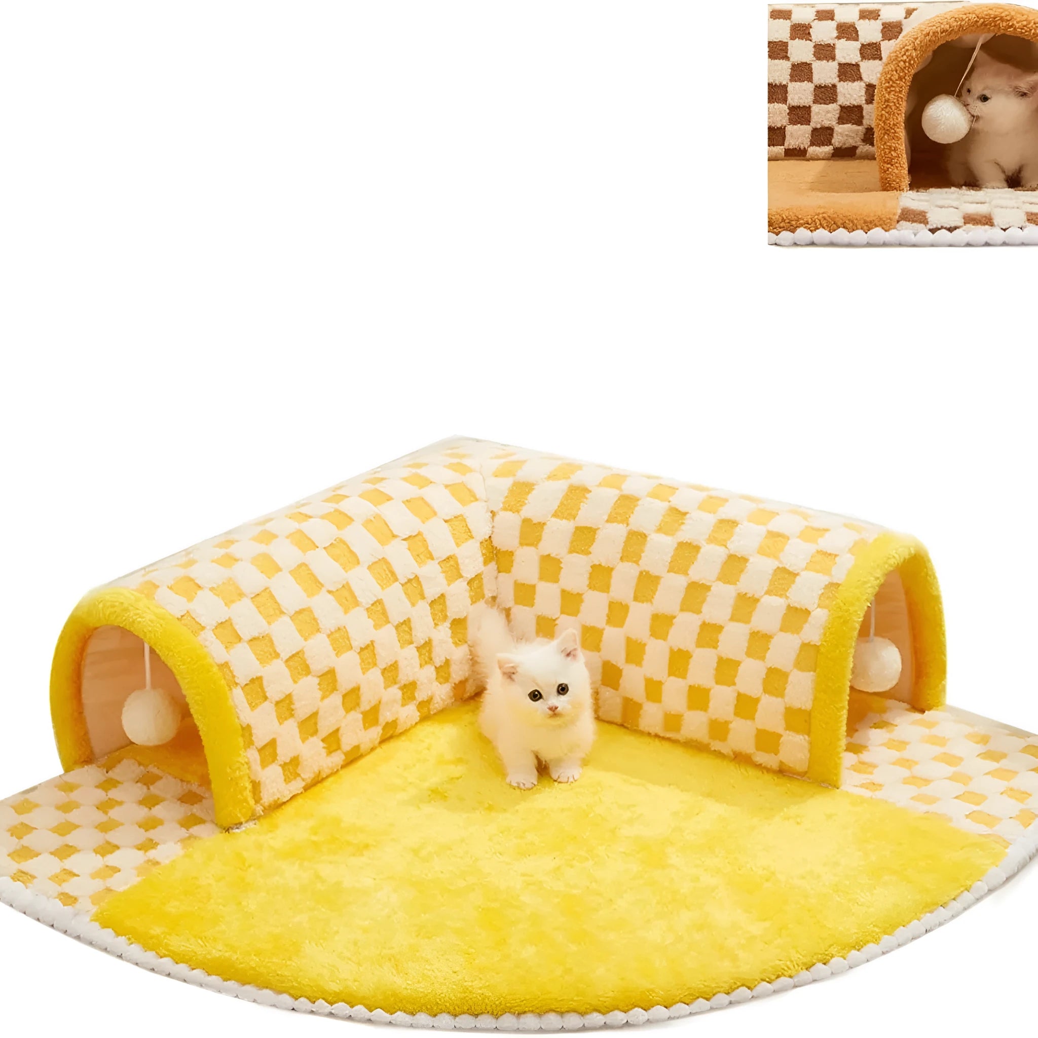 Brown plush plaid cat tunnel bed with central mat and zippered tunnel for indoor cats