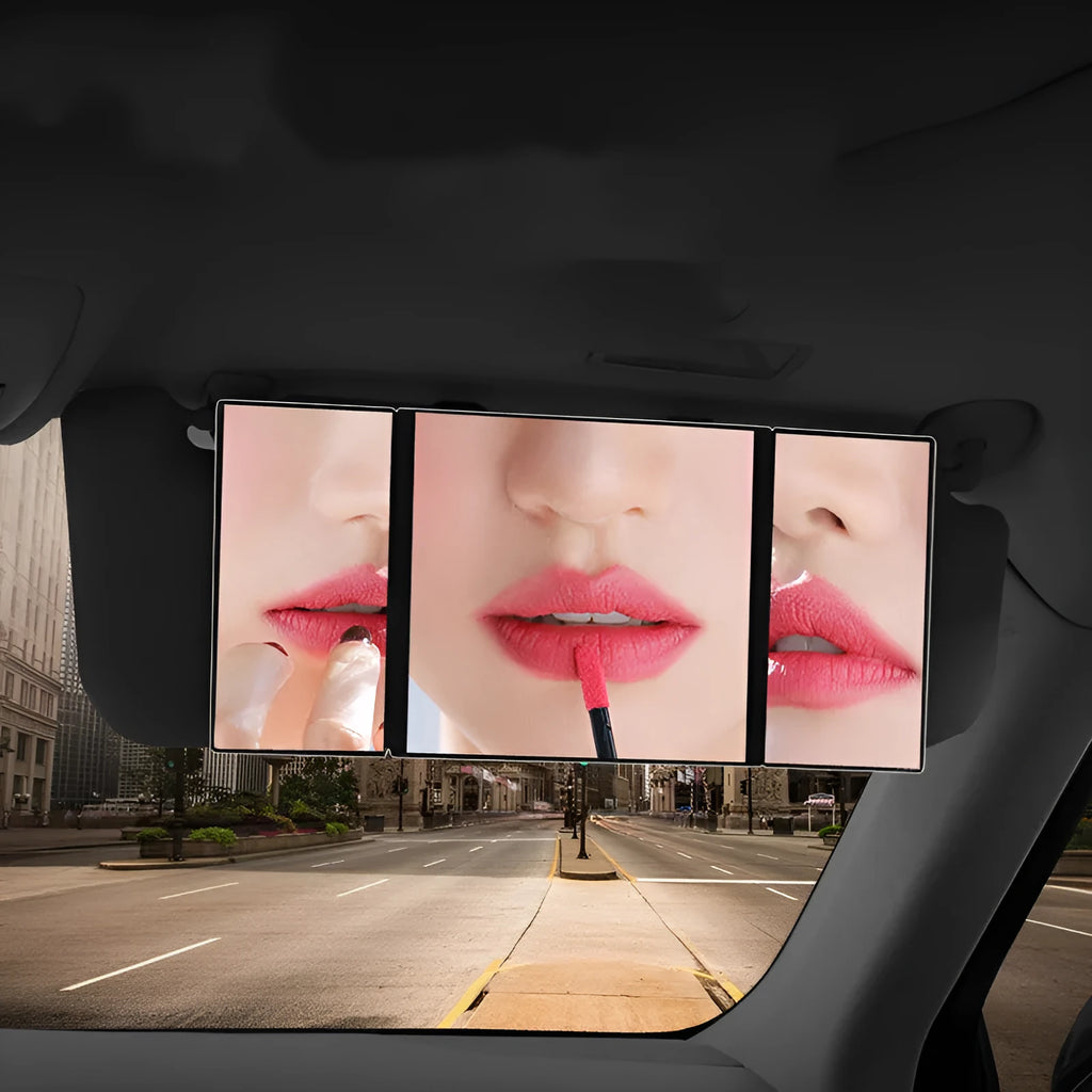 Silver folding car makeup mirror shown both closed and open on a car dashboard.