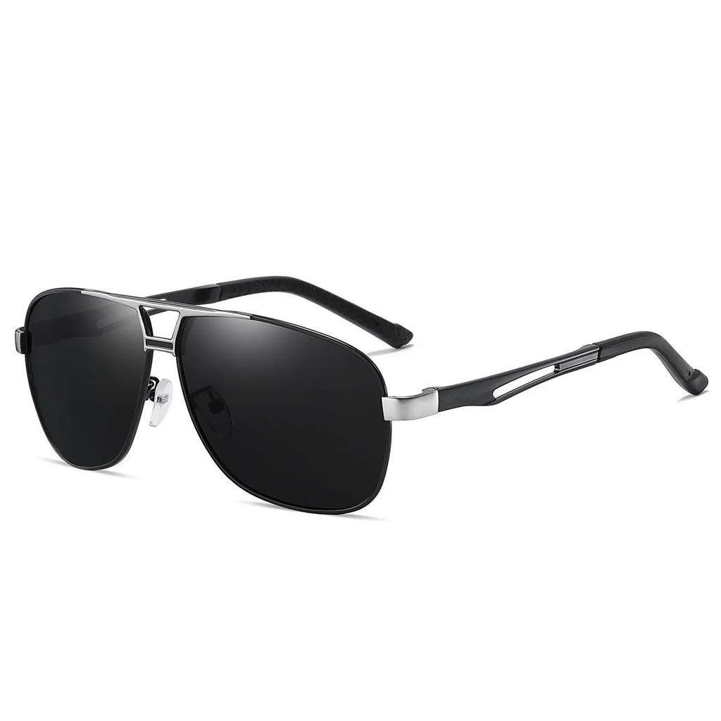 Men's orange red tinted polarised aviator sunglasses with a double-bridge metal frame on a solid background.