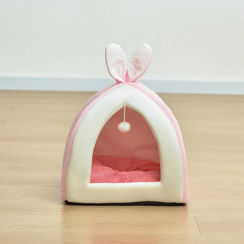 Rabbit ear Mongolian nest pet bed in arctic velvet and PP cotton, grey and pink, sizes S to XL
