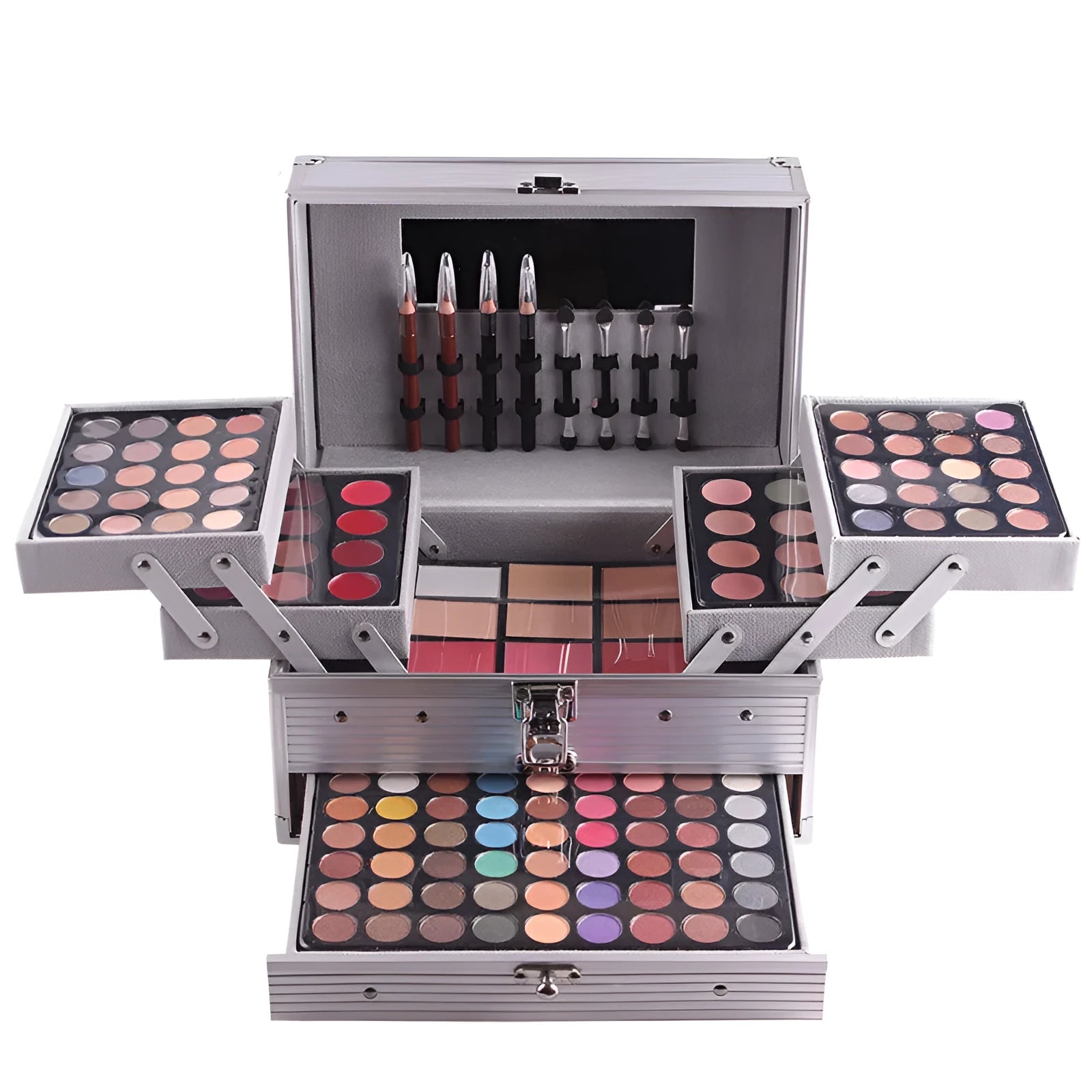 Multifunctional makeup kit case with 94 colour eye shadows, concealers, lipsticks, and blushers in earth tones and national fashion colours.