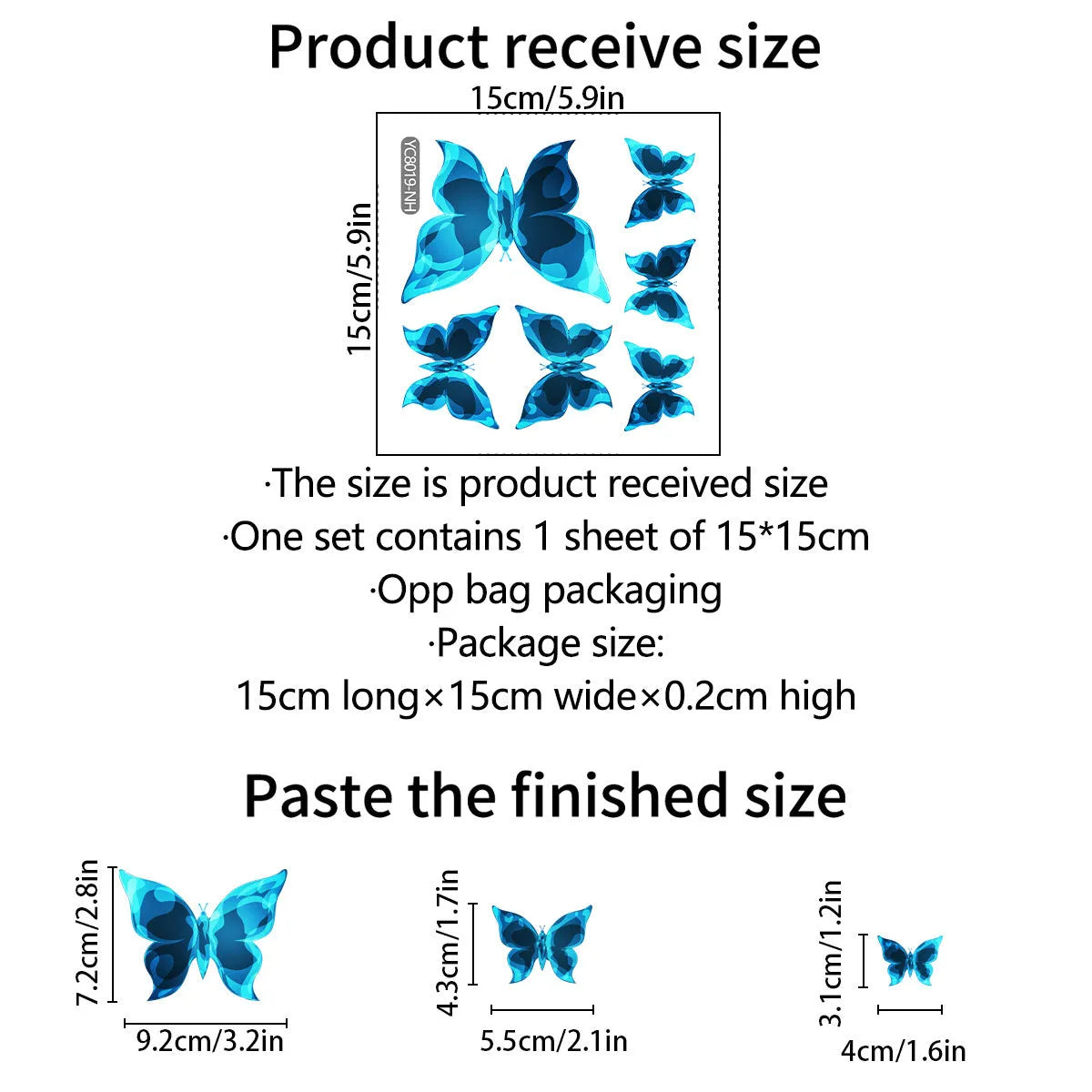 Blue luminous butterfly wall sticker 15x15cm PVC glowing on bedroom wall