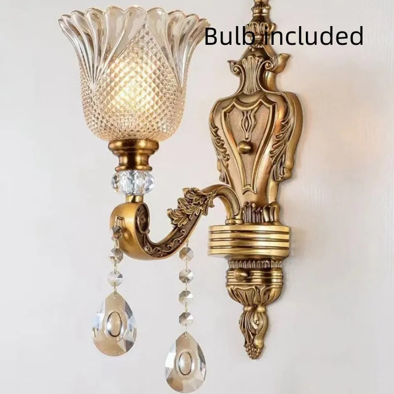 Retro crystal glass wall lamp in European style for living room or bedroom