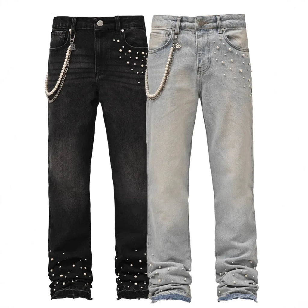 Men's straight-leg cotton denim trousers with elastic diamond stitching, zip fly, light blue or black, sizes S-XL