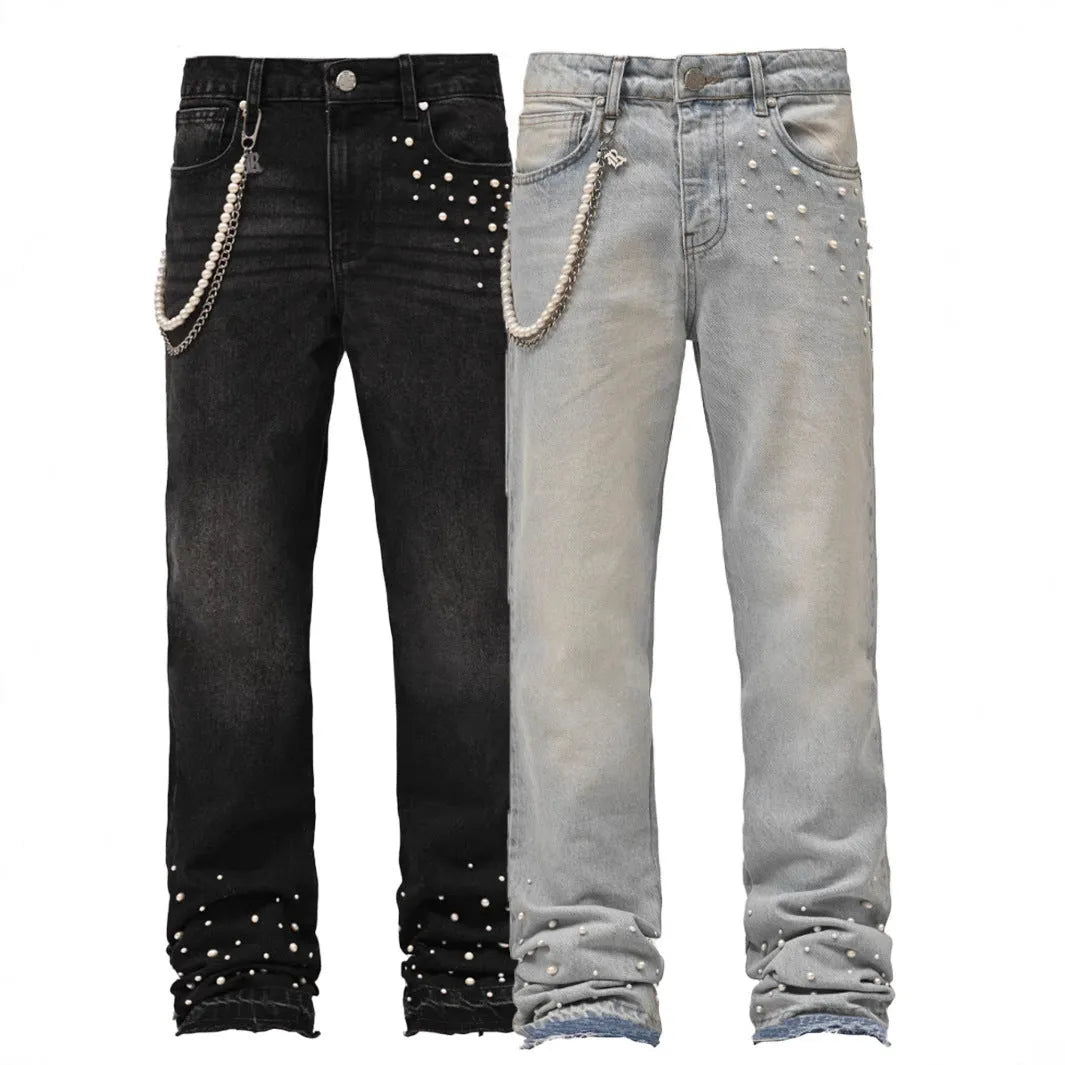 Men's straight-leg cotton denim trousers with elastic diamond stitching, zip fly, light blue or black, sizes S-XL