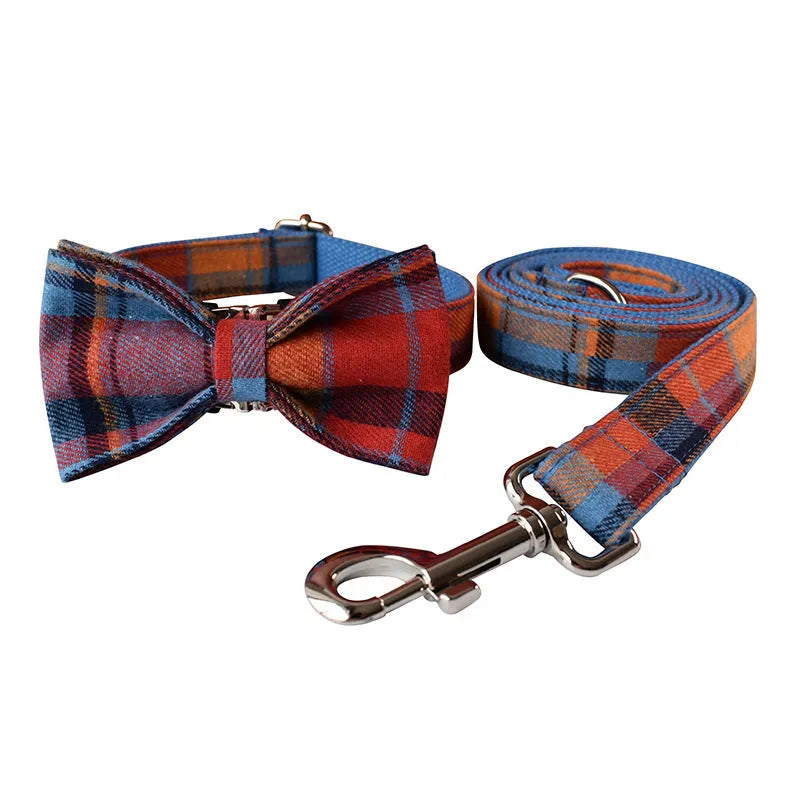 Blue velvet plaid pattern dog collar with an alloy metal buckle on a white background