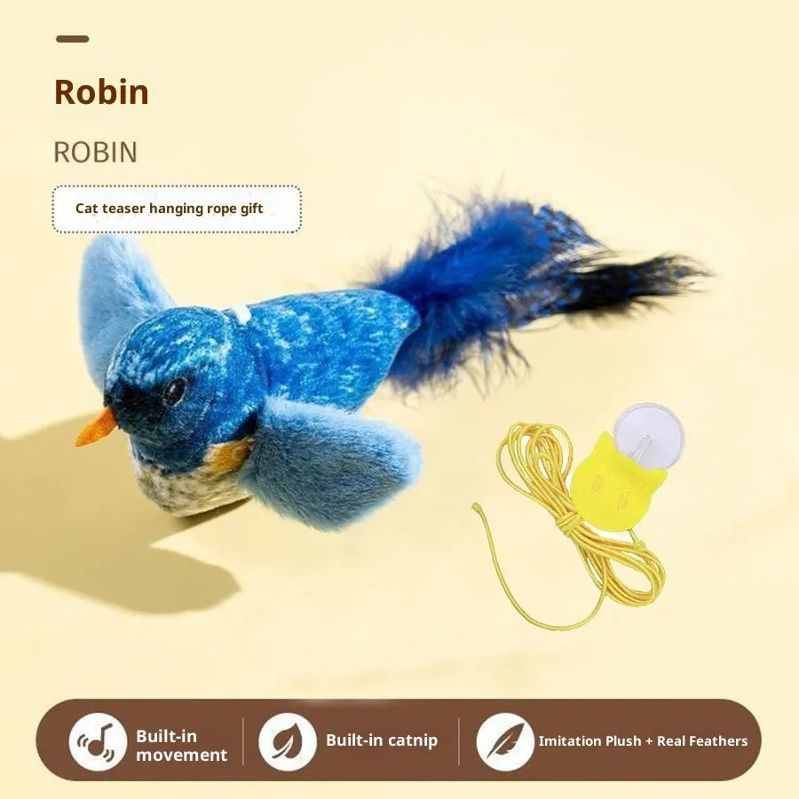 Plush vocal simulation squeaky bird cat toy in green and pink hanging bird designs