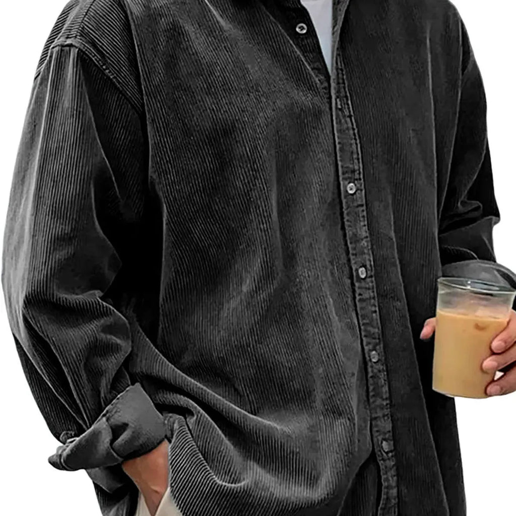 Men's casual loose fit corduroy shirt jacket in solid colour, polyester cardigan style for autumn winter