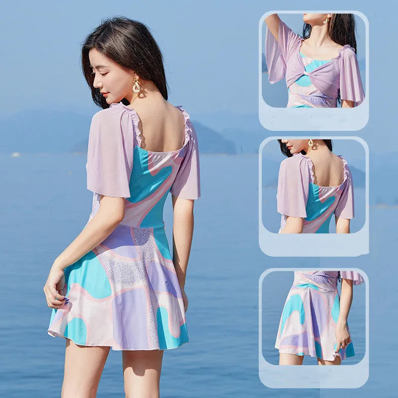Light purple floral high-waist one-piece skirt swimsuit for women.