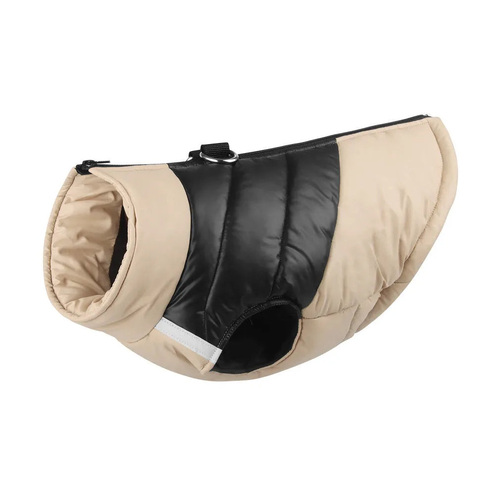 Winter waterproof padded dog jacket with front zipper in blue colour on size chart showing eight sizes