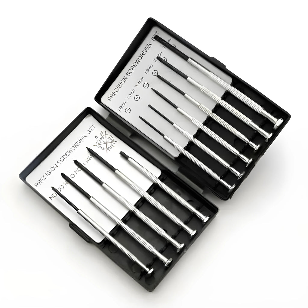 TH-6177 11-piece clock repair screwdriver set with crosshead and flathead bits.