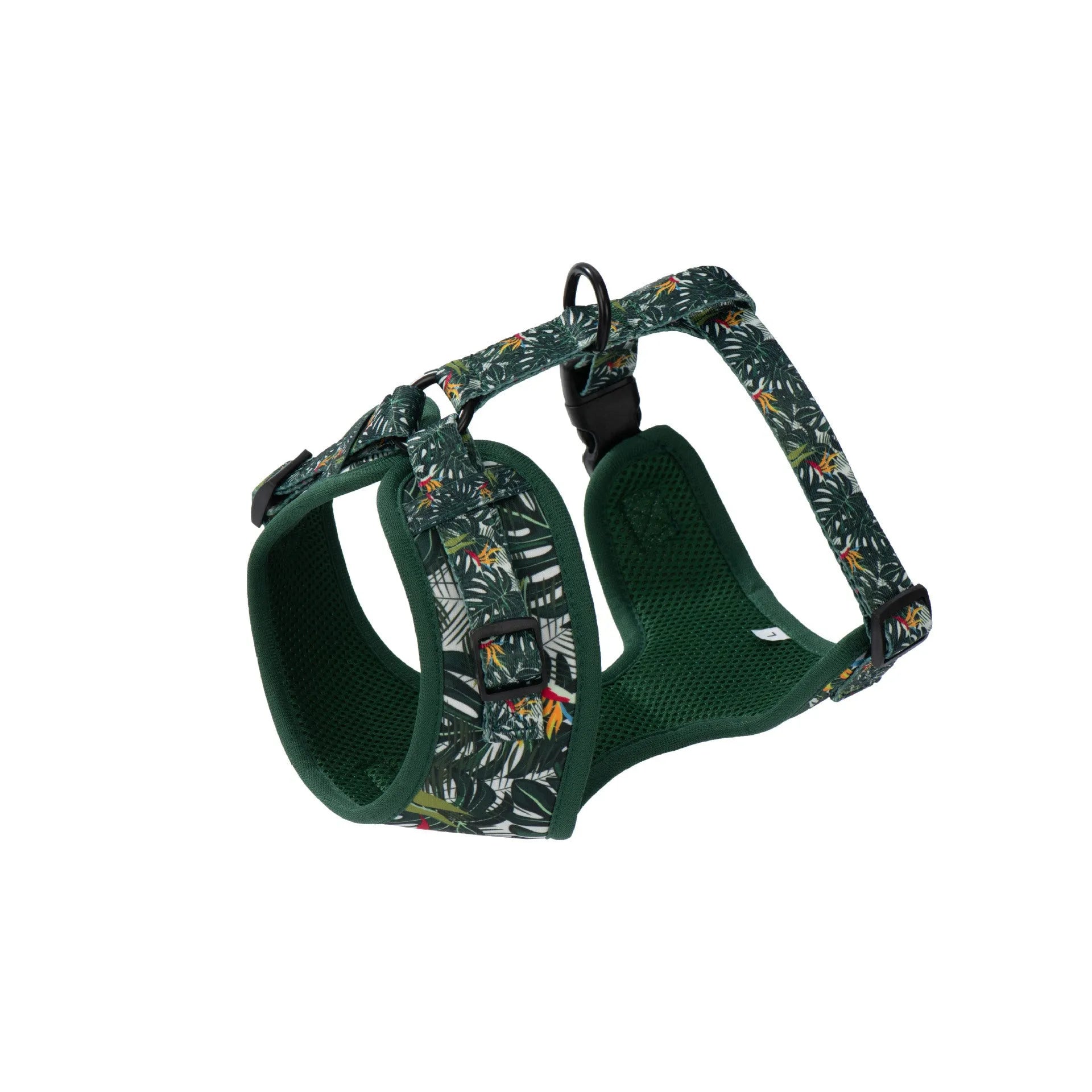 Adjustable cloth dog harness and leash six-piece set showing vest, collar, bow tie, scarf, waste bag, and leash in a gift package.