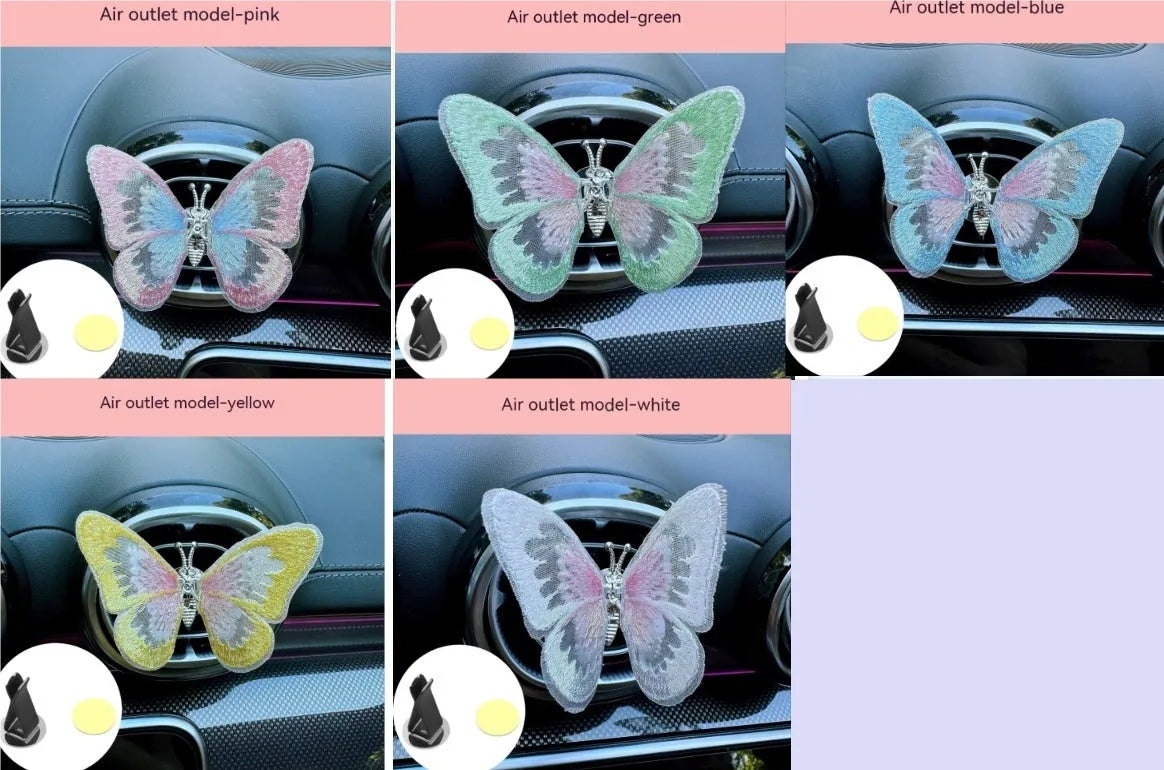 Moving embroidery butterfly fabric car centre console air vent decoration in multiple colour options