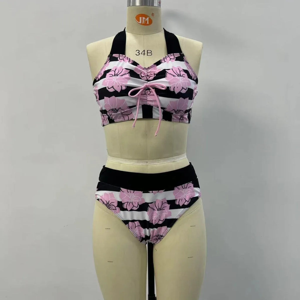 Women's black printed belly covered slimming split bikini for swimming