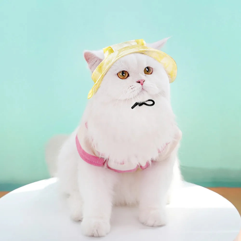 Pet sun hat for dog and cat with adjustable chin strap, polyester bucket style, available in multiple tie-dye colours
