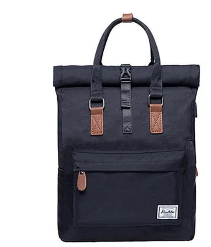 Casual polyester daypack in black showing cover opening and internal laptop pocket.