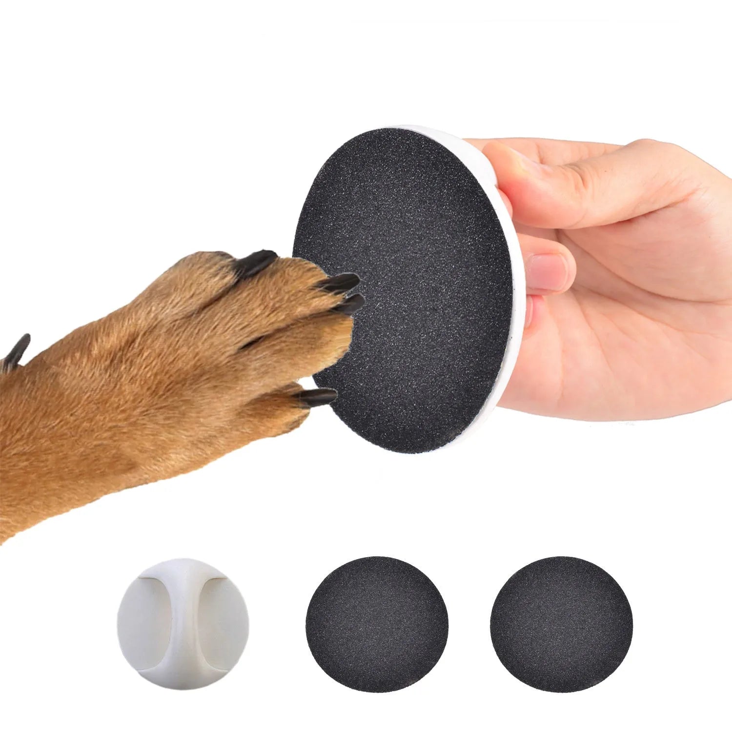 Square dog nail scratch board with ergonomic handle in one of four colours, showing replaceable sandpaper pad.