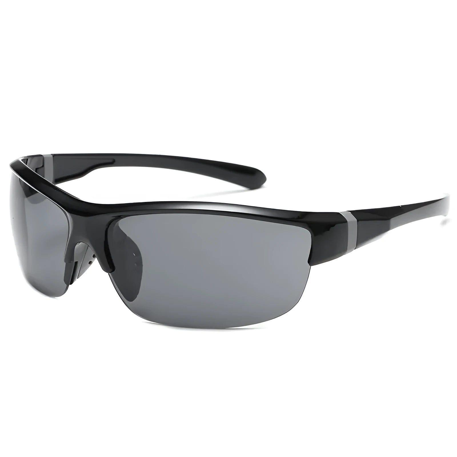 Men's semi-frameless windproof sports sunglasses in PC frame, shown in Bright Black colour option.