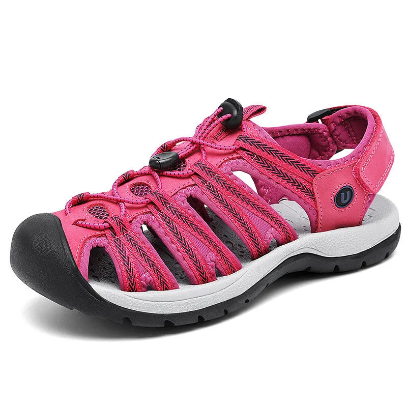 Women's leather mesh sandals with elastic band in black, grey pink, rose red, and black grey.