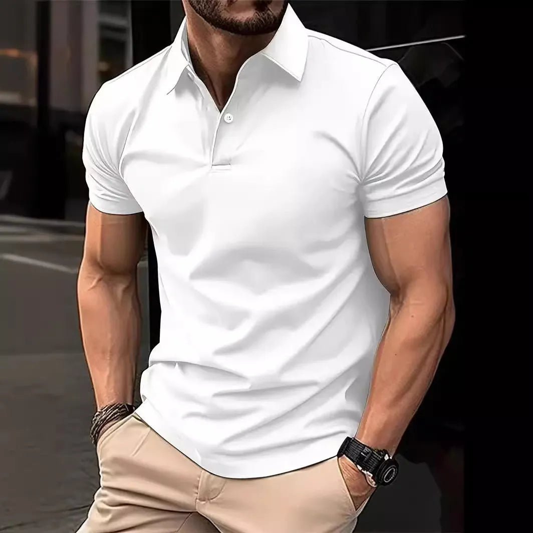 Men's slim-fit solid colour short sleeve button-up shirt on a hanger.