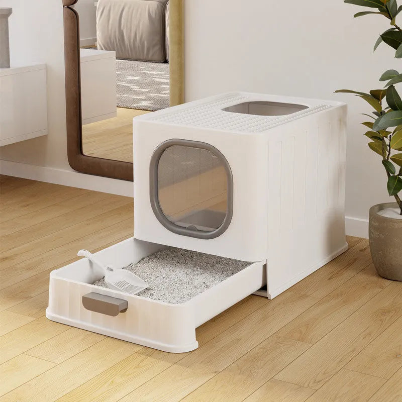 Fully enclosed PP plastic folding cat litter box in Avocado Green, 51x38x39cm