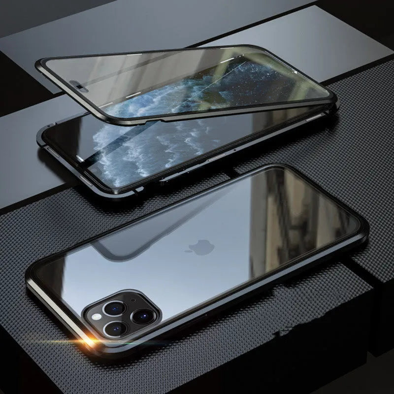 A closed clamshell phone case in blue glass with a geometric pattern, next to an iPhone showing the narrow viewing angle when open.