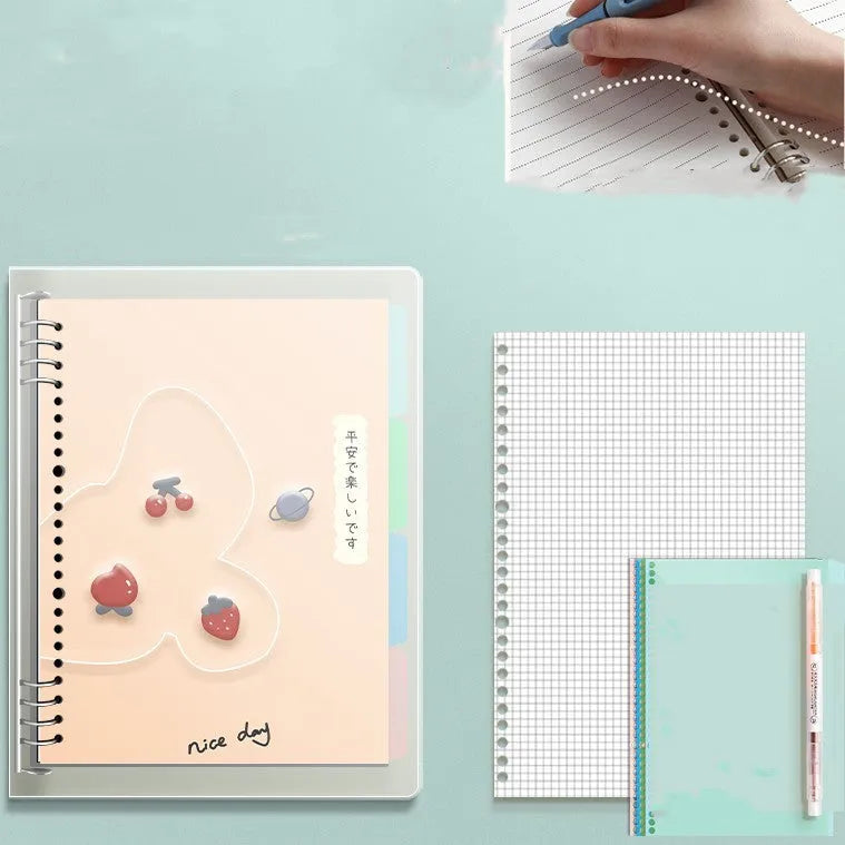 B5 hardcover notebook with lucky cat design showing binder binding for detachable pages