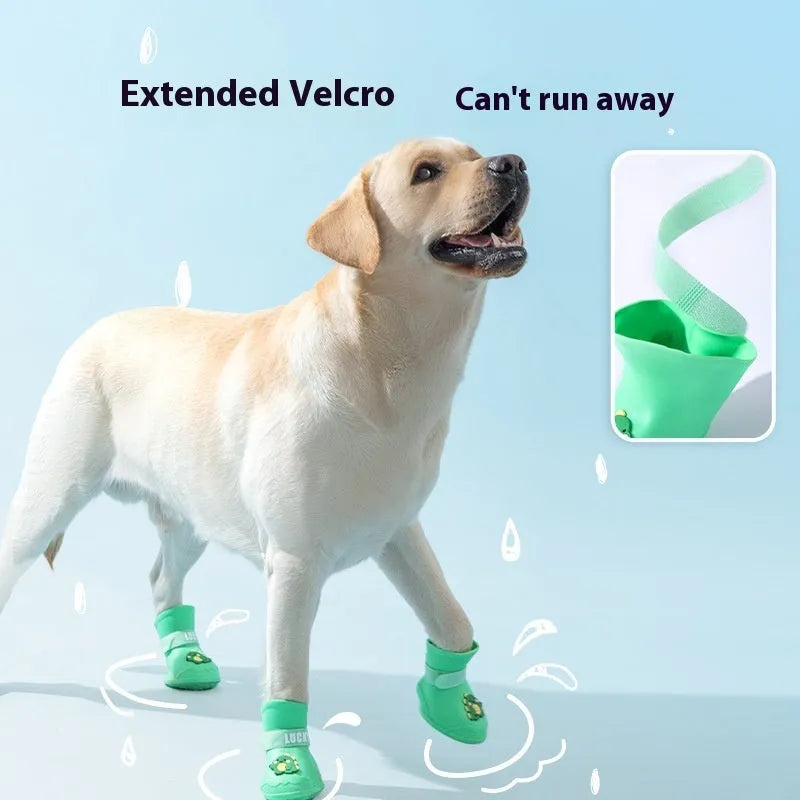 Pack of four silicone waterproof dog booties with non-slip sole in multiple colours on white background