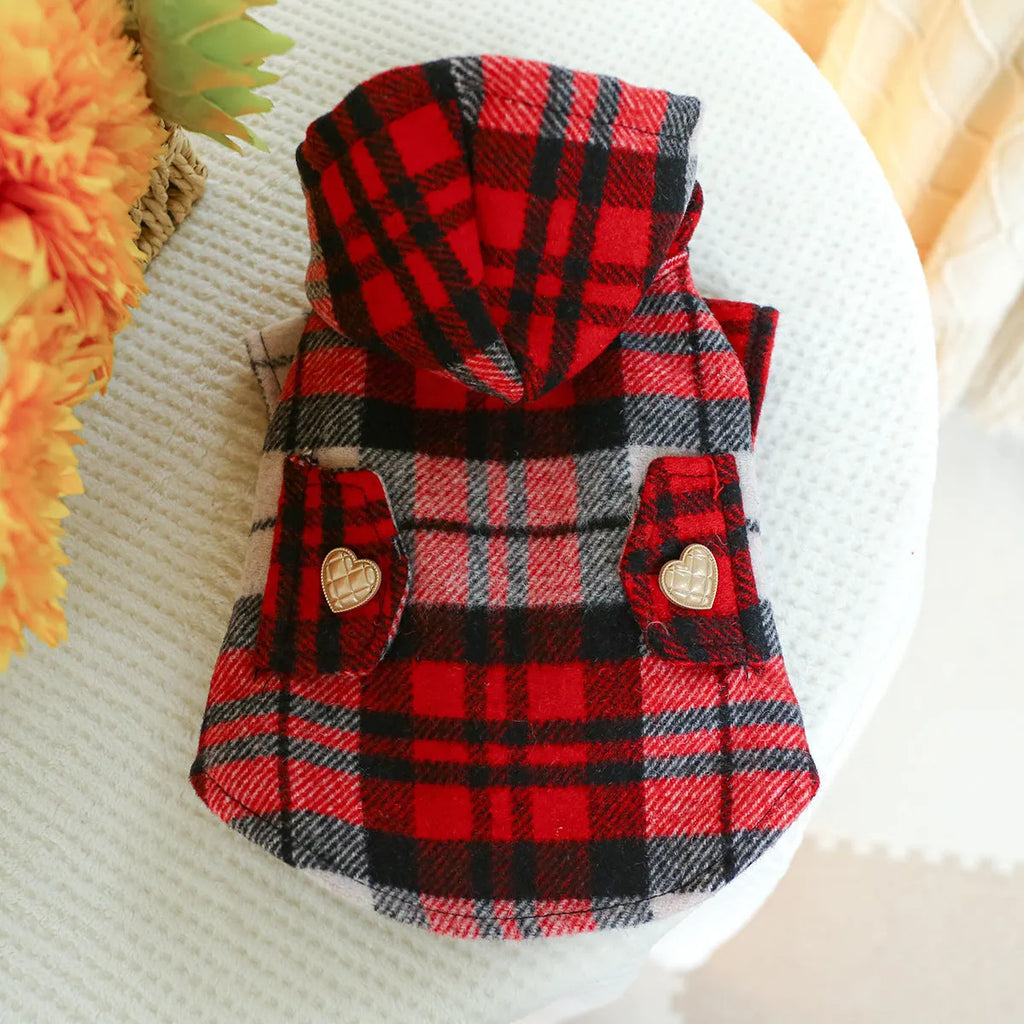 Red plaid polyester dog trench coat with measured sizing for autumn and winter warmth