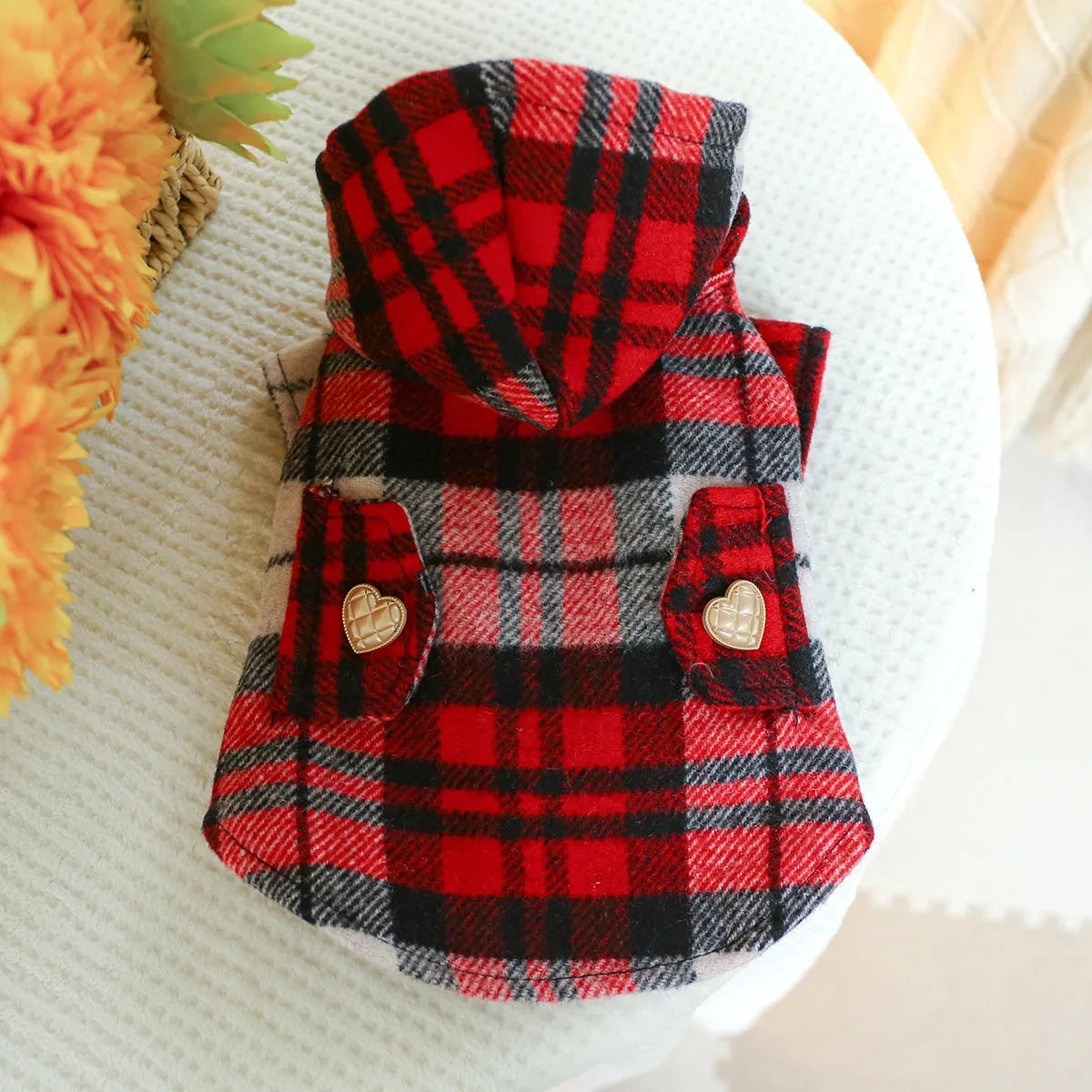 Red plaid polyester dog trench coat with measured sizing for autumn and winter warmth
