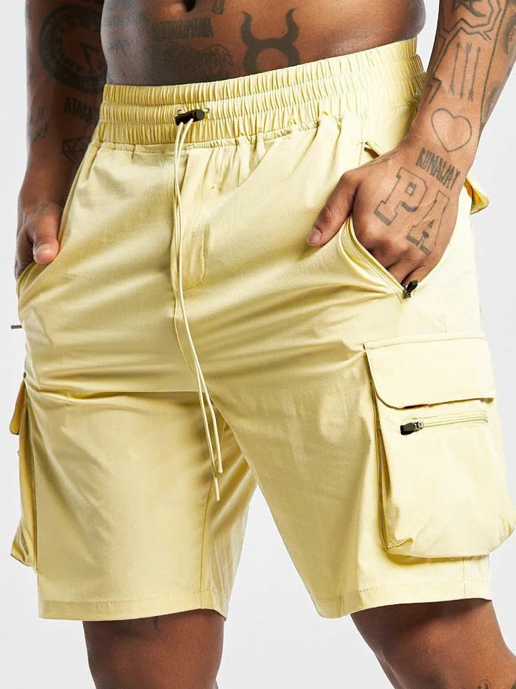 Men's black sports shorts with four-way stretch fabric and quick-dry lining for athletic activities