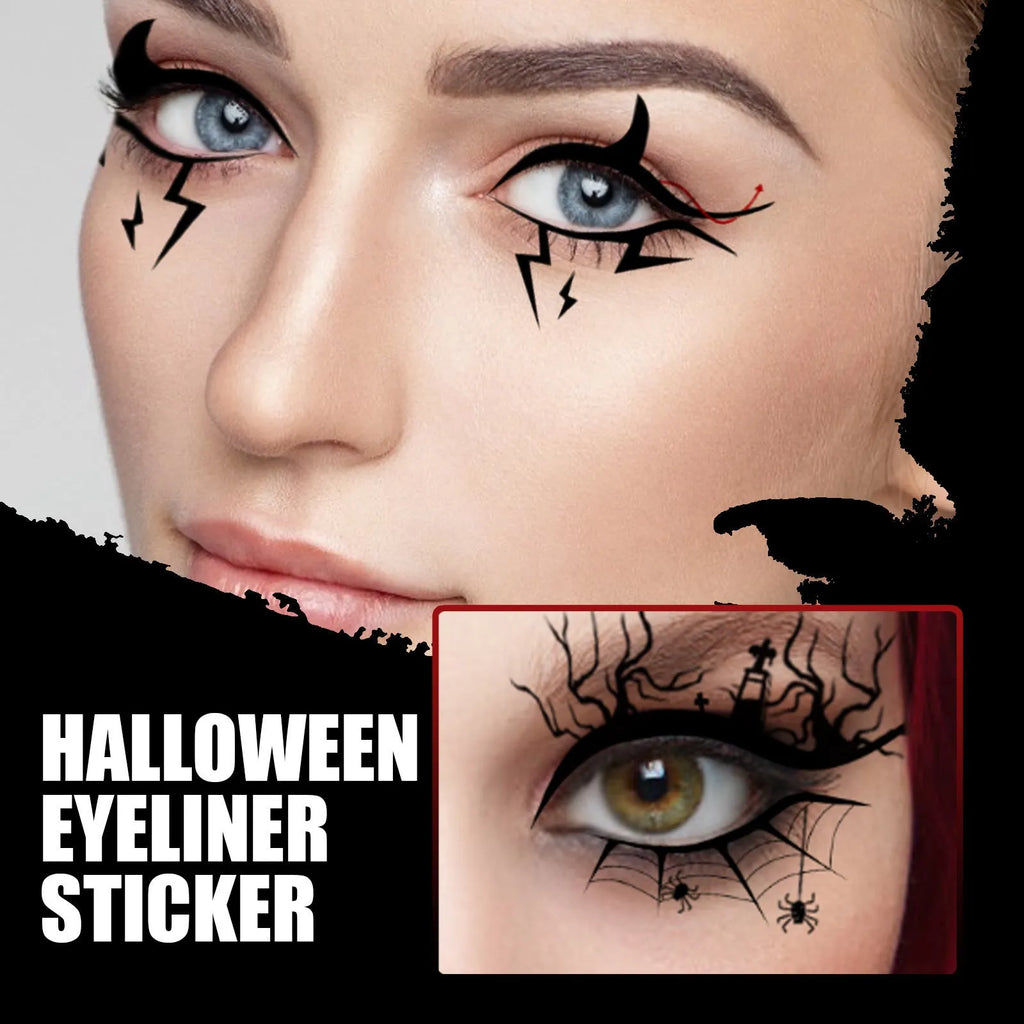 Pack of 8 pairs of bat and spider decorative eyeliner stickers for gothic makeup.
