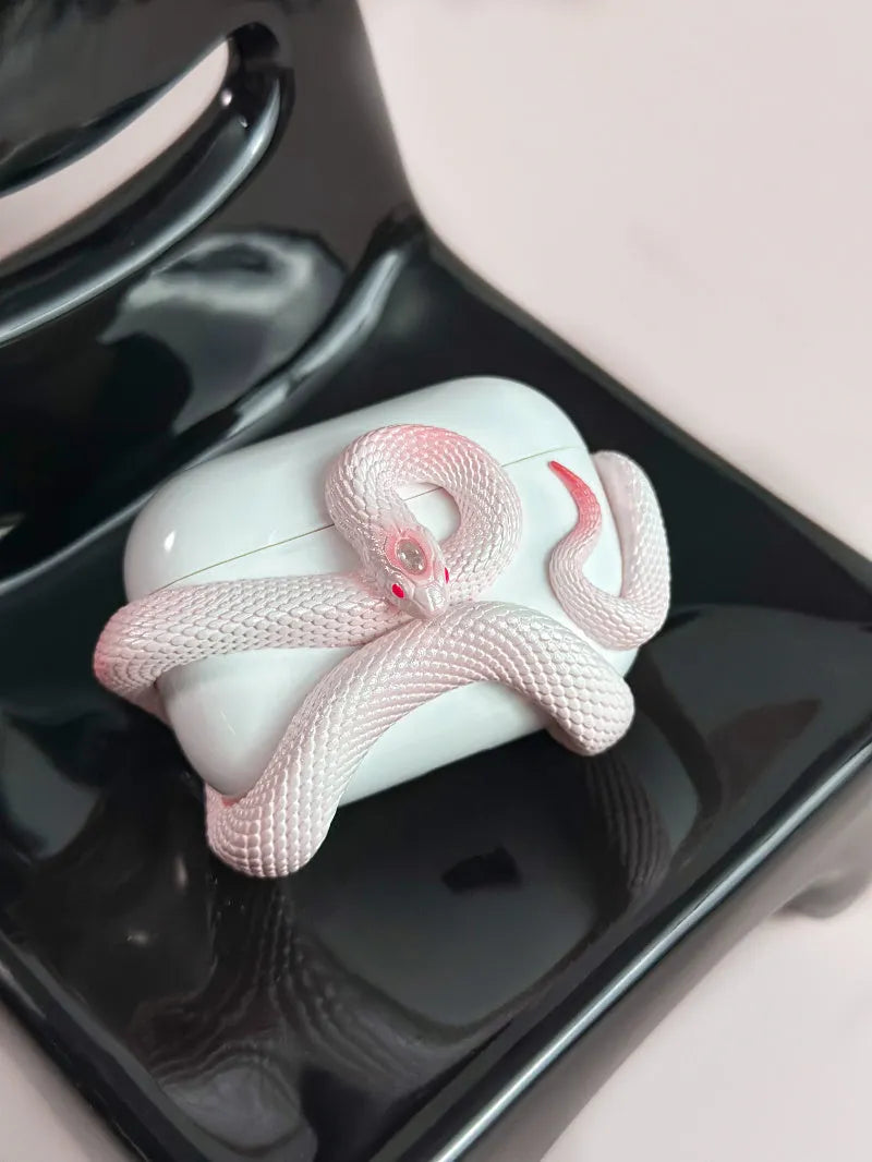 Creative snake design hard resin protective case for AirPods Pro and AirPods 3 in black, white, and pink colours