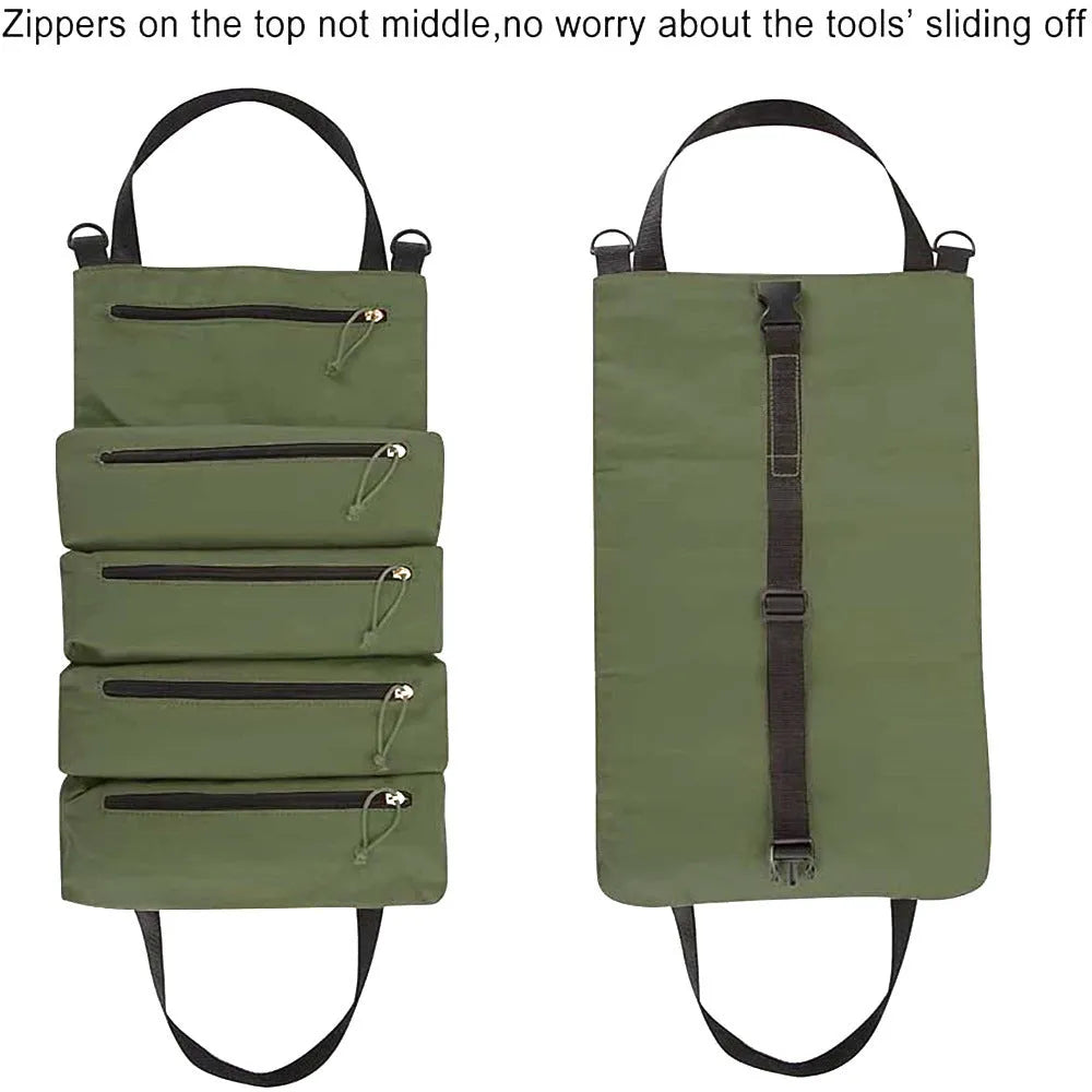 Multi-purpose roll up tool bag in Oxford cloth with 40KG weight bearing, shown in khaki, army green or black