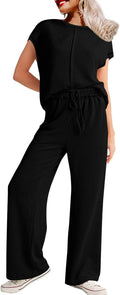Women's pants set with three-quarter sleeve top and loose trousers in solid colour polyester