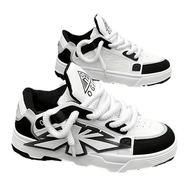 Men's white chunky sneakers with thick rubber sole and synthetic leather upper on a casual background.