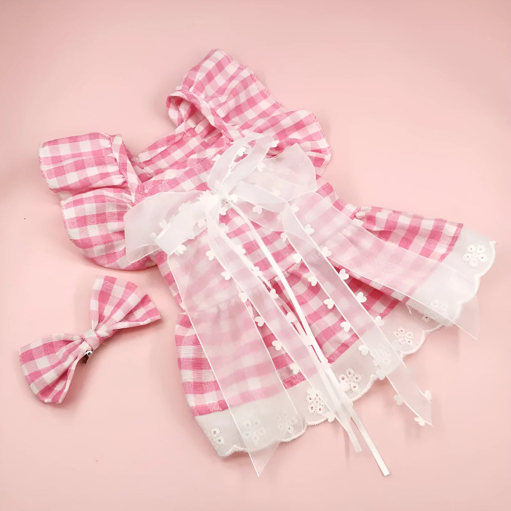 Dog skirt set with lace trim and bow necklace in black daisy, pink daisy, or pink plaid bow, sizes XS to XL