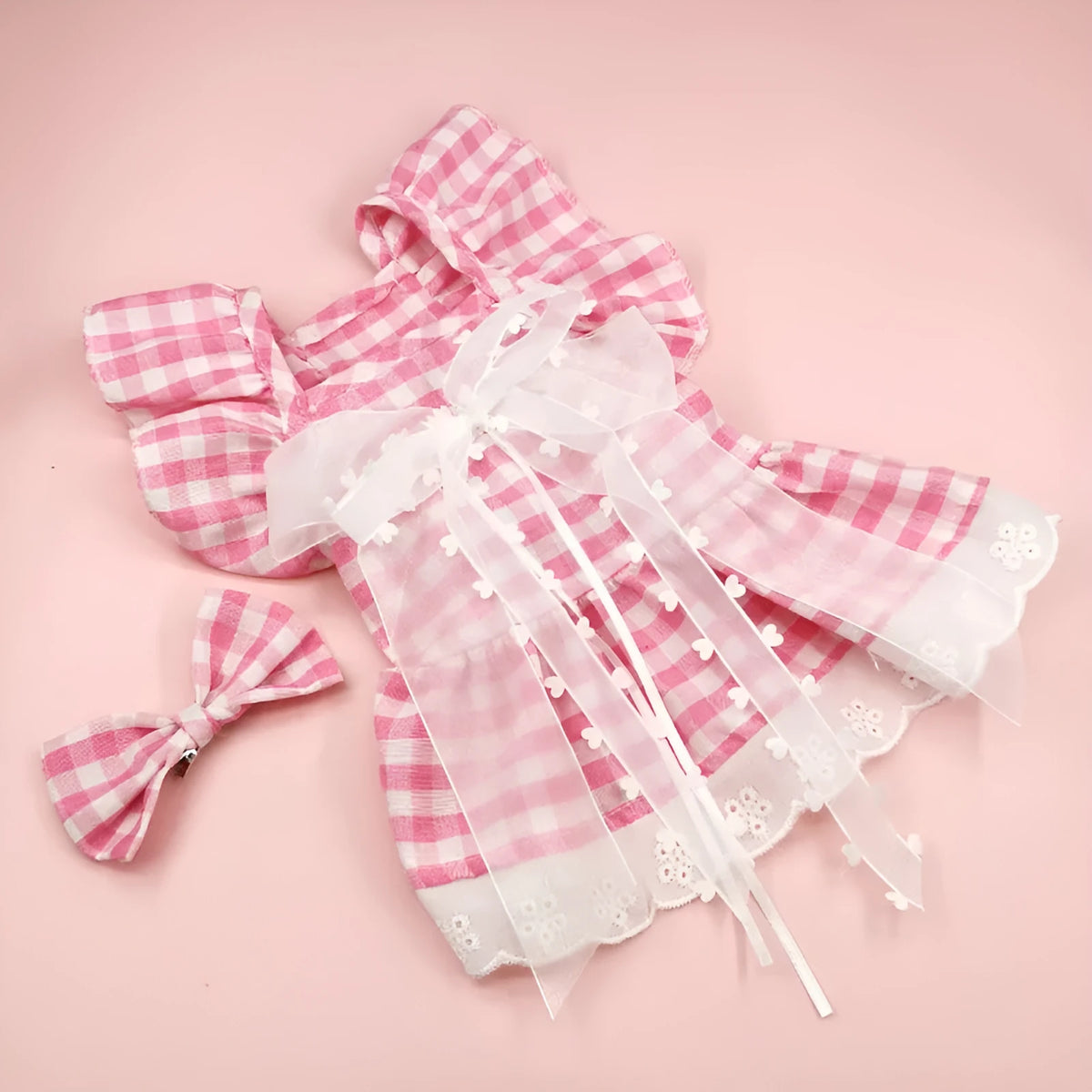 Dog skirt set with lace trim and bow necklace in black daisy, pink daisy, or pink plaid bow, sizes XS to XL