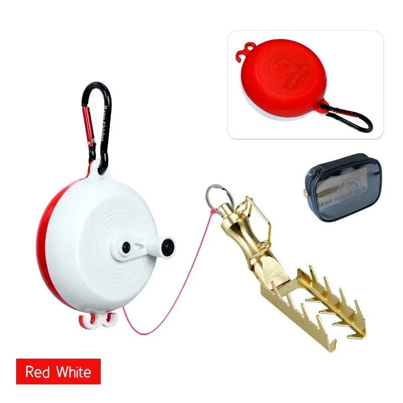 Fishing bait bottom lifter retriever device with coloured wheel and stainless steel hook on spool of braided line.