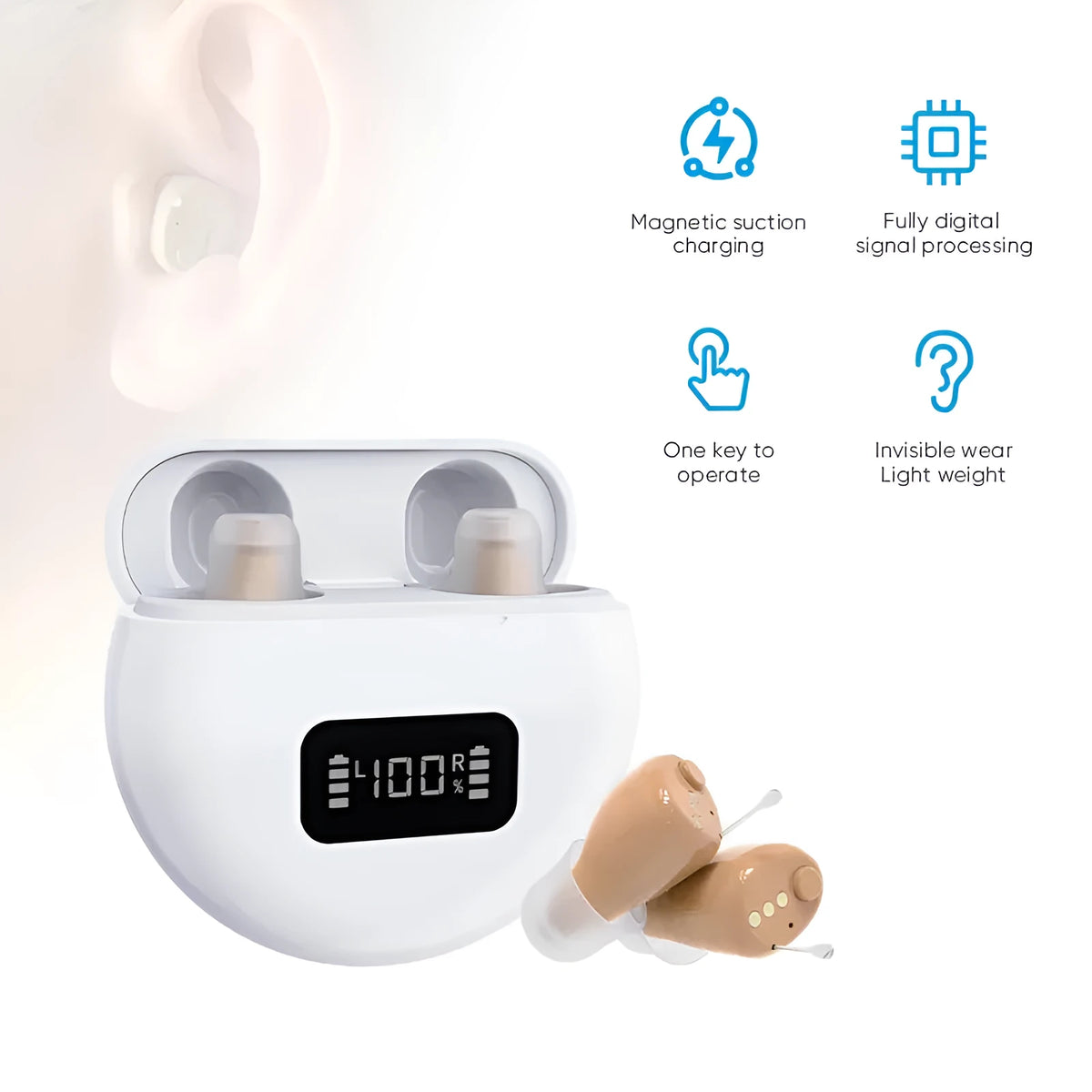 Skin colour 16-channel digital hearing aid with USB power and 12+ hour battery life