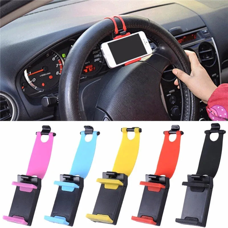 Universal black steering wheel phone holder mount clipped onto a car steering wheel.
