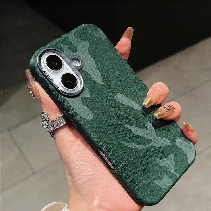 Camouflage leather mobile phone protective cover with magnetic suction and shockproof for iPhone 15 Pro Max