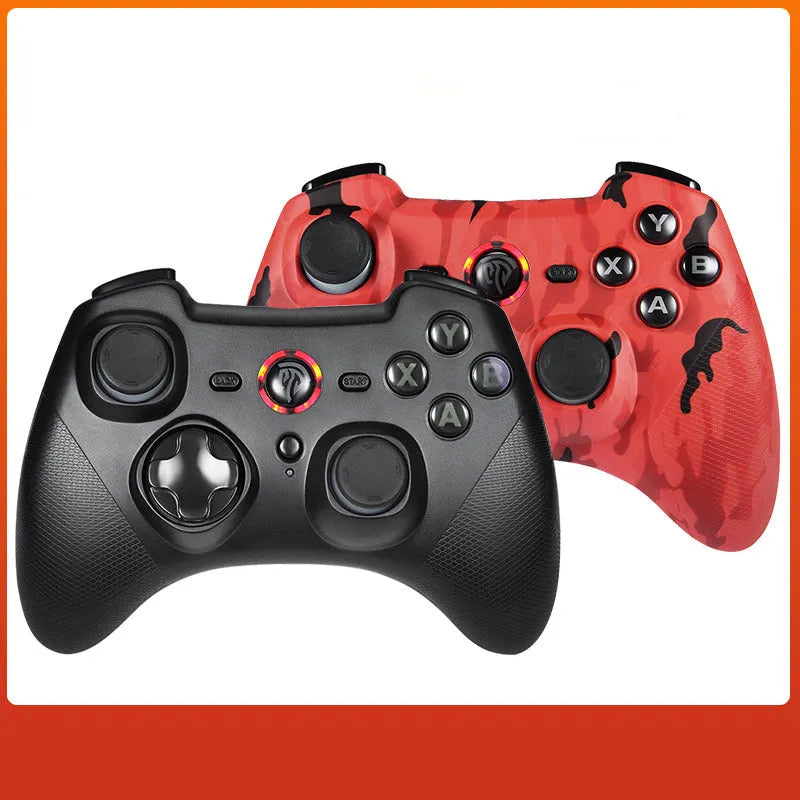 PC wireless game controller in black, green, red, or white with dual mode connectivity and adjustable vibration.