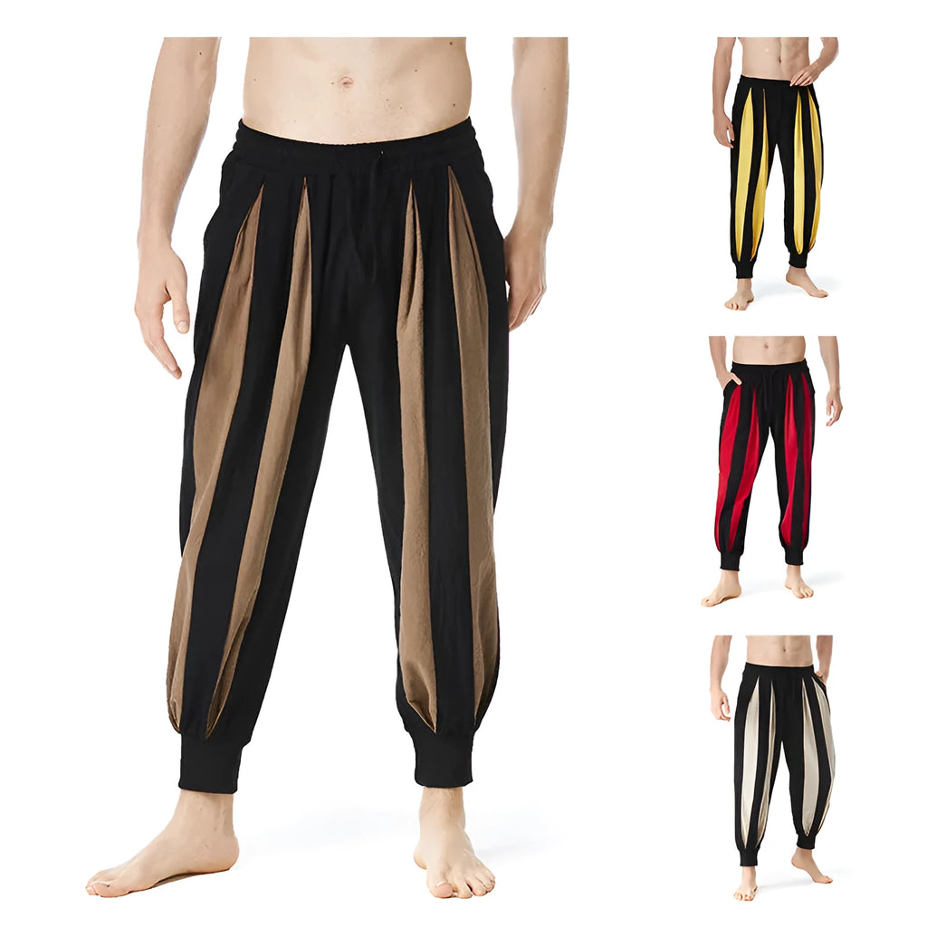 Men's straight-leg casual trousers in polyester available in red, khaki, yellow, and brown colours